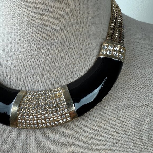 Gold Tone w/ Black Enamel & Rhinestone Collar Necklace 19.5" - Picture 2 of 9